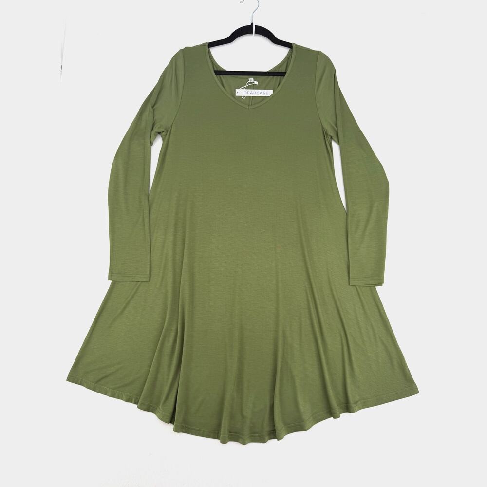 Dearcase Olive Green V Neck Jersey Knit T-shirt Long Sleeve Swing Dress NWT XL - Picture 4 of 9